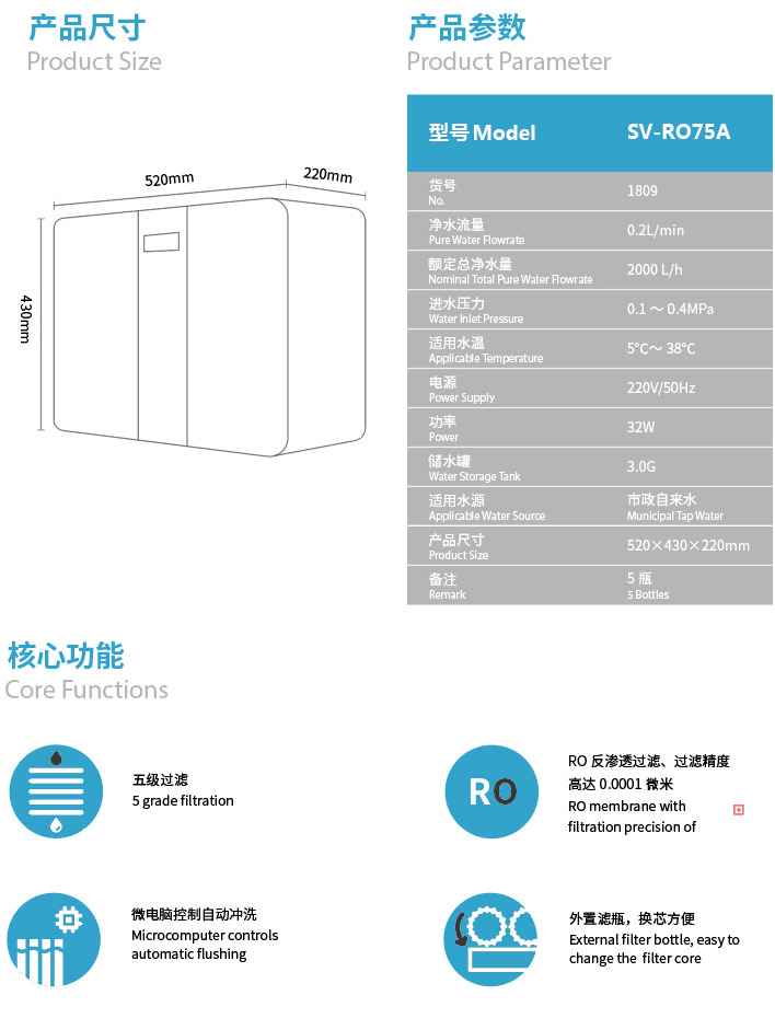 森薇反渗透净水器 SV-RO75A(1809)产品参数